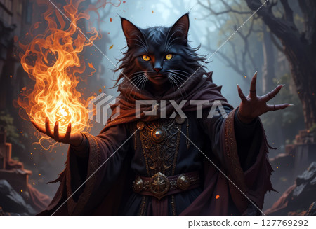 Mystical Black Cat Wizard Casting a Fiery... - Stock Illustration ...