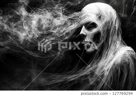 Mysterious Ghostly Figure Surrounded by Ethereal Smoke in Dark Atmosphere. Mysterious Ghostly Figure Surrounded by Ethereal Smoke in Dark Atmosphere. 127769294