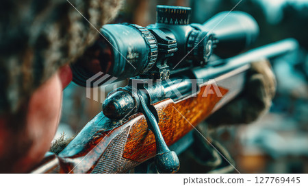 Close-up of hunter aiming through rifle scope in winter gear with detailed wooden stock and precision optics 127769445