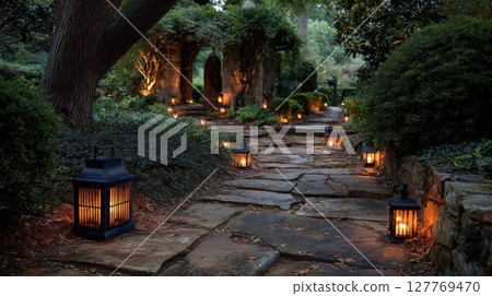 Enchanting garden pathway at dusk illuminated by lanterns with lush greenery and ancient stone archway Enchanting garden pathway at dusk illuminated by lanterns with lush greenery and ancient stone archway 127769470