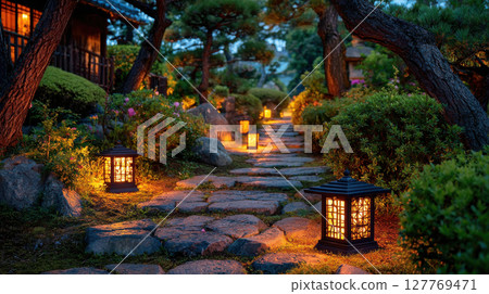 Tranquil japanese garden pathway with illuminated lanterns at dusk Tranquil japanese garden pathway with illuminated lanterns at dusk 127769471