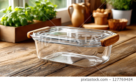 Clear glass storage container with wooden handles on rustic kitchen table 127769484