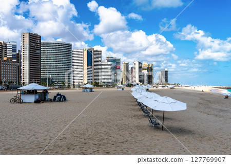 The modern beachfront skyscrapers and pier of Meireles Beach on the Atlantic Ocean in Fortaleza, Ceara, Brazil 127769907