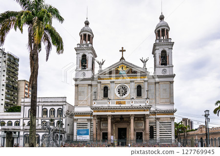 White facade of the Basilica of Our Lady of Nazareth at Belem, Brasil. 127769945
