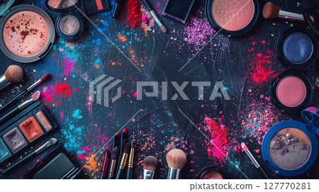 Dark bright backdrop with diverse makeup products and cosmetics, with copyspace in the center 127770281