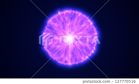 Electric sphere with glowing purple filaments radiating outward from a bright center on a dark background Electric sphere with glowing purple filaments radiating outward from a bright center on a dark background 127770516
