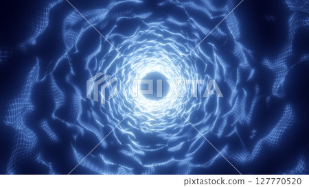 Blue glowing energy portal with wireframe mesh structure, forming a bright circular tunnel of light Blue glowing energy portal with wireframe mesh structure, forming a bright circular tunnel of light 127770520