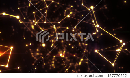 Abstract glowing yellow network of connected nodes and lines on a dark background, symbolizing data or neural connections Abstract glowing yellow network of connected nodes and lines on a dark background, symbolizing data or neural connections 127770522