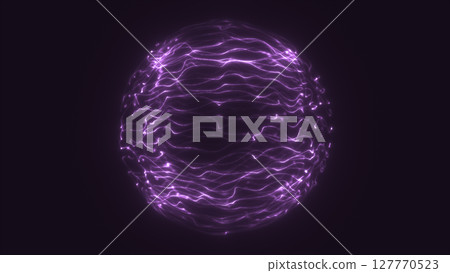 Glowing purple energy sphere formed by dynamic wavy light trails, floating against a dark background Glowing purple energy sphere formed by dynamic wavy light trails, floating against a dark background 127770523
