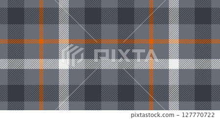 A seamless tartan plaid pattern in bold grey tones with striking orange and white accents, featuring a classic woven texture. Perfect for textile designs, digital backgrounds, or modern fashion 127770722