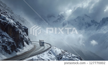 Truck navigating snowy mountain road in overcast weather. Neural network AI generated 127770802