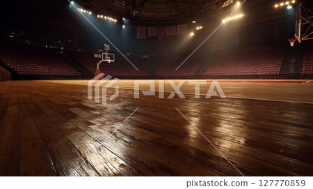 Dimly lit basketball court with hoop focus. Neural network AI generated 127770859