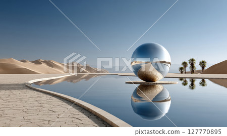 Futuristic metallic sphere reflecting desert oasis with palm trees and sand dunes 127770895