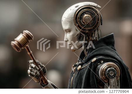 Futuristic robot holding gavel, reflecting ai in legal automation, judge and justice theme Futuristic robot holding gavel, reflecting ai in legal automation, judge and justice theme 127770904