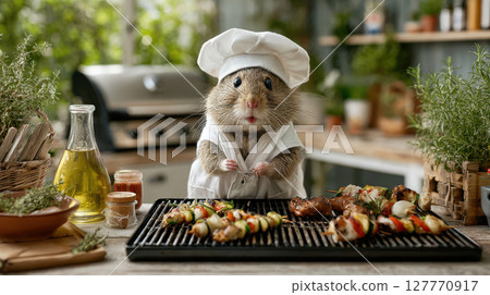 Adorable hamster chef grilling skewers in kitchen garden setting with fresh ingredients 127770917