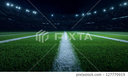 Illuminated football field at night with central line perspective. Neural network AI generated 127770919