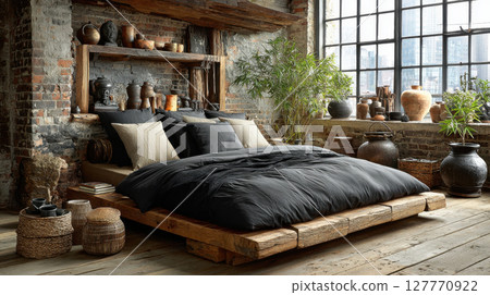 Rustic industrial bedroom with wooden bed and exposed brick walls 127770922