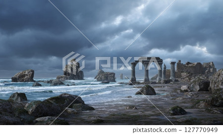 Stormy ocean scene with dramatic clouds and rocks. Neural network AI generated 127770949