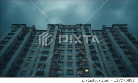 Symmetrical urban apartment building facade on overcast day. Neural network AI generated 127770998
