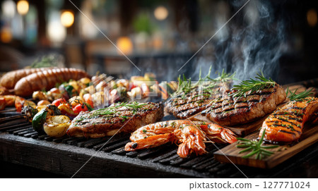 Grilled gourmet feast with steak, seafood, sausages, and vegetables on smoky outdoor bbq 127771024
