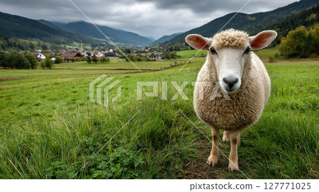 Curious sheep in scenic mountain valley with overcast skies and lush greenery 127771025