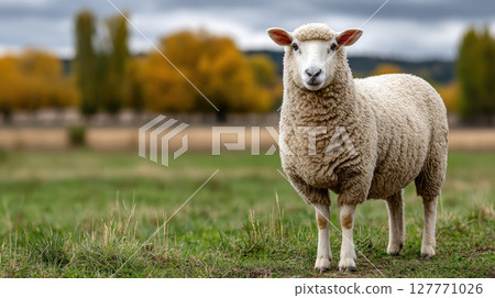 Cute sheep standing on green pasture with autumn trees in background 127771026