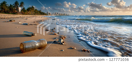 Polluted beach with ocean waves, plastic bottles, and palm trees at sunrise, waste and sea concept 127771036