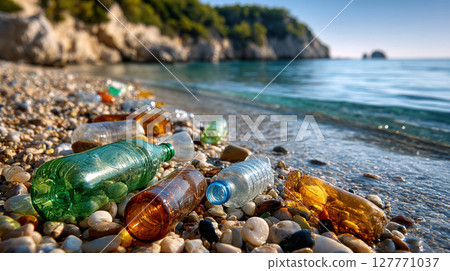 Plastic bottles and litter on rocky beach shoreline with clear blue sea and trees, pollution and ocean concept 127771037