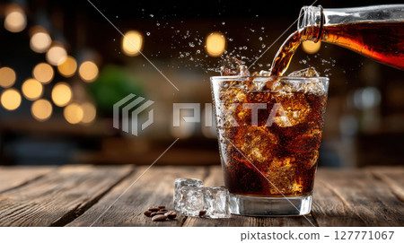 Cola pouring into glass with ice on rustic wooden table in cozy dining setting with warm ambient lighting 127771067