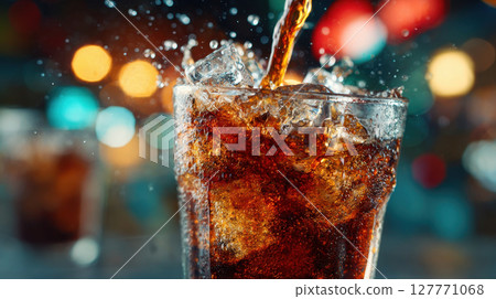 Refreshing ice-cold soda pour with splash and colorful bokeh background 127771068