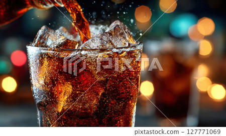 Cola beverage poured over ice cubes in a glass with bokeh background for a sparkling and chilled drink experience 127771069
