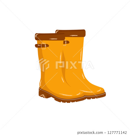 Vector illustration of classic yellow rubber boots. Bright, isolated design perfect for weather icons, gardening themes, fashion concepts, packaging, advertising, and seasonal projects. 127771142