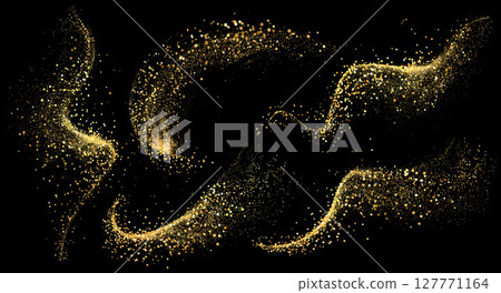 Vector Abstract Shiny Gold Glitter Swirl design element. For New Year, Merry Christmas, Birthday and Wedding greeting card and invitation. Luxury Background design 127771164