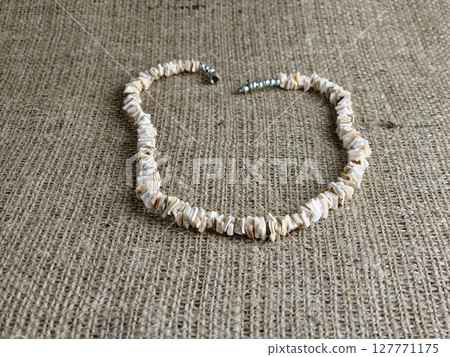Handmade polished beige shell pieces necklace as a gift for a woman on a white background. Natural jewelry. Summer jewelry. 127771175