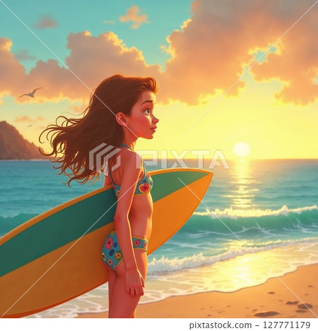 拿著衝浪板在沙灘上散步的女人 拿著衝浪板在沙灘上散步的女人 127771179
