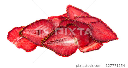 Dried strawberry slices isolated on white background. Dehydrated strawberries chips. Clipping path. Dried strawberry slices isolated on white background. Dehydrated strawberries chips. Clipping path. 127771254
