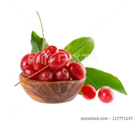 Elaeagnus multiflora isolated on white background. Cherry elaeagnus or cherry silverberry in wooden bowl. Goumi or gumi berry. 127771257