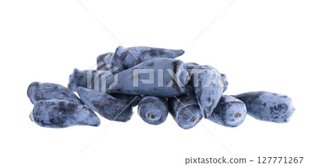 Honeysuckle berry isolated on white background. Fresh honeysuckle blue berry fruits. Clipping path. Honeysuckle berry isolated on white background. Fresh honeysuckle blue berry fruits. Clipping path. 127771267