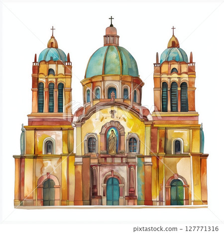 Basilica of Our Lady of Guadalupe. Basilica of Our Lady of Guadalupe hand drawn watercolor illustration Basilica of Our Lady of Guadalupe. Basilica of Our Lady of Guadalupe hand drawn watercolor illustration 127771316