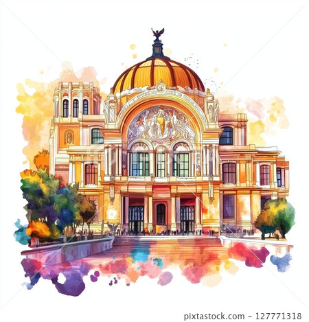 Bellas Artes Palace. Bellas Artes Palace hand drawn watercolor illustration Bellas Artes Palace. Bellas Artes Palace hand drawn watercolor illustration 127771318