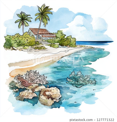 Bonaire Marine Park. Bonaire Marine Park hand drawn watercolor illustration 127771322