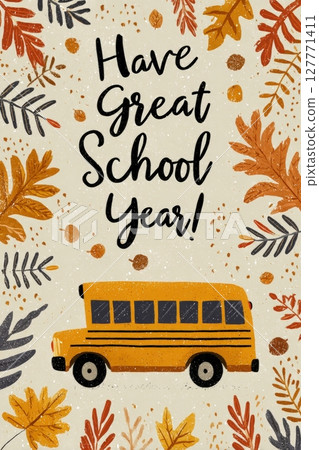Charming School Bus Card with Autumn Leaves and Cheerful Message 127771411