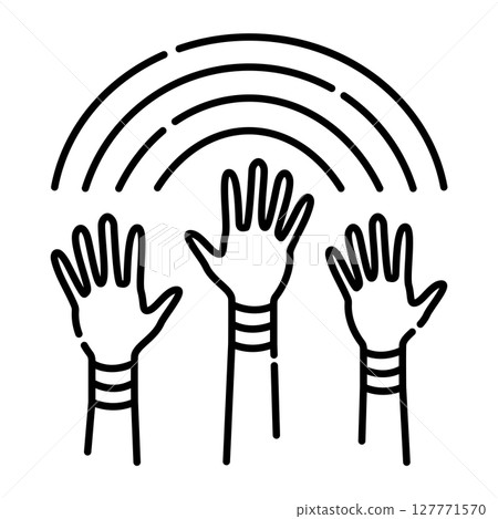 The symbol of lgbt love, hands up to rainbow, vector black line illustration 127771570