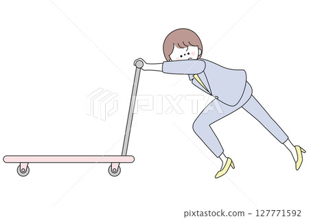一位穿著西裝的女士推著一輛很重的推車的插圖 一位穿著西裝的女士推著一輛很重的推車的插圖 127771592