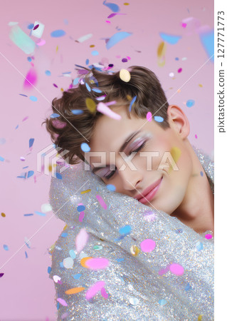 Young man with glitter makeup and closed eyes hugging sequin outfit under falling confetti on pink background. Studio portrait with soft lighting. LGBT pride, queer identity, and self-expression 127771773