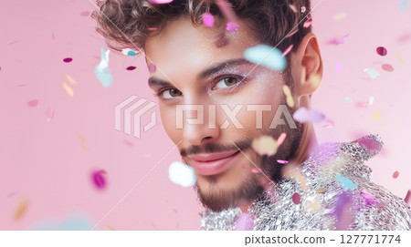 Close-up portrait of young man with shimmering makeup and sequin outfit smiling under falling confetti on pink background. Studio shot with soft lighting. LGBT pride, queer identity, and self 127771774