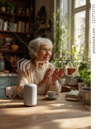 Senior woman interacting with smart speaker on kitchen table in sunlit home interior. Voice assistant device with artificial intelligence. Elderly and modern technology concept. Design for poster 127771775