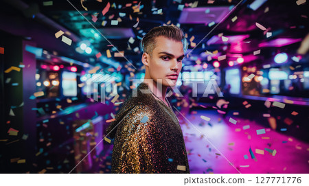 Stylish young man in glitter outfit standing in colorful nightclub with falling confetti. Nightlife celebration with dramatic lighting and bokeh background. LGBT pride, queer identity, and fashion 127771776