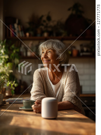 Senior woman smiling and sitting at kitchen table with smart speaker and cup of coffee in cozy home interior. Voice assistant device with artificial intelligence. Elderly and smart technology concept 127771778