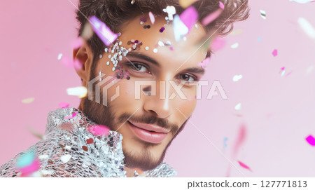 Close-up portrait of young man with glitter makeup and sequin outfit smiling under falling confetti on pink background. Studio shot with soft lighting. LGBT pride, queer identity, and self-expression 127771813